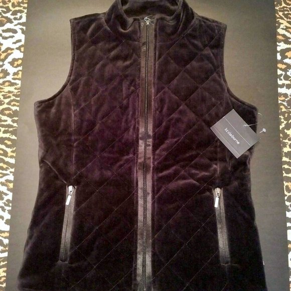 FLASH SALE! NEW Liz Claiborne Black Velvet Vest. Quilted, Zip Front & Pockets, S - Picture 3 of 13